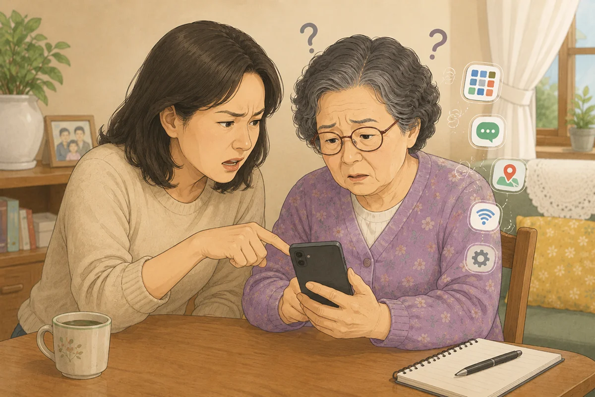 어머니의 온라인 교육을 돕는 딸