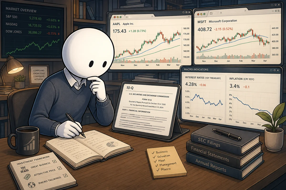 An investor reviewing stock charts, company filings, and economic indicators