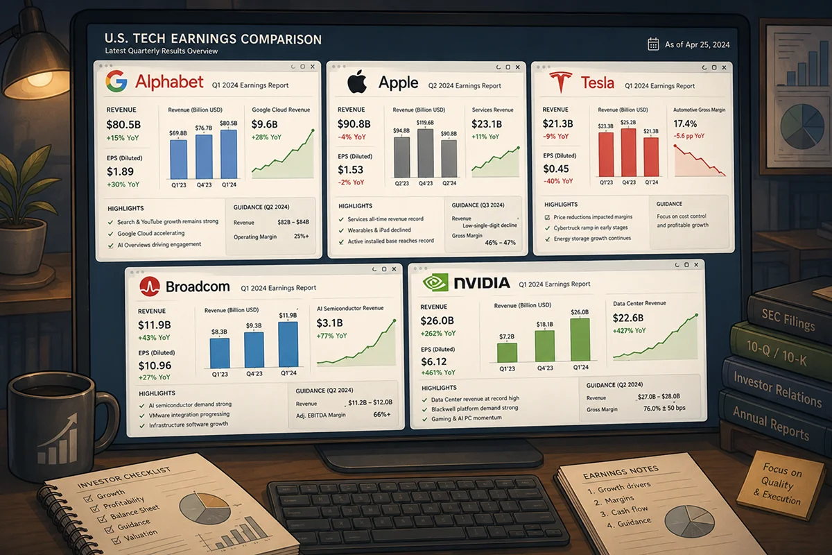 A screen comparing earnings information for Alphabet, Apple, Tesla, Broadcom, and NVIDIA