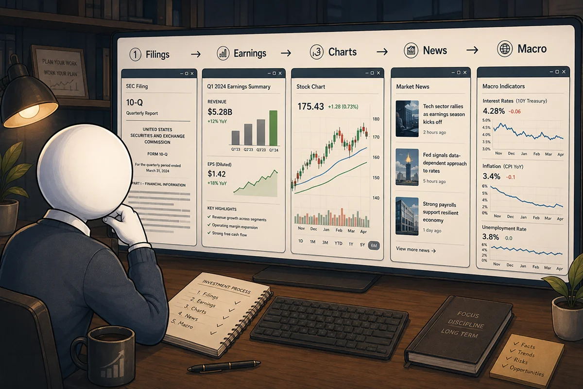 A research workflow moving from company filings and earnings to charts, news, and economic indicators